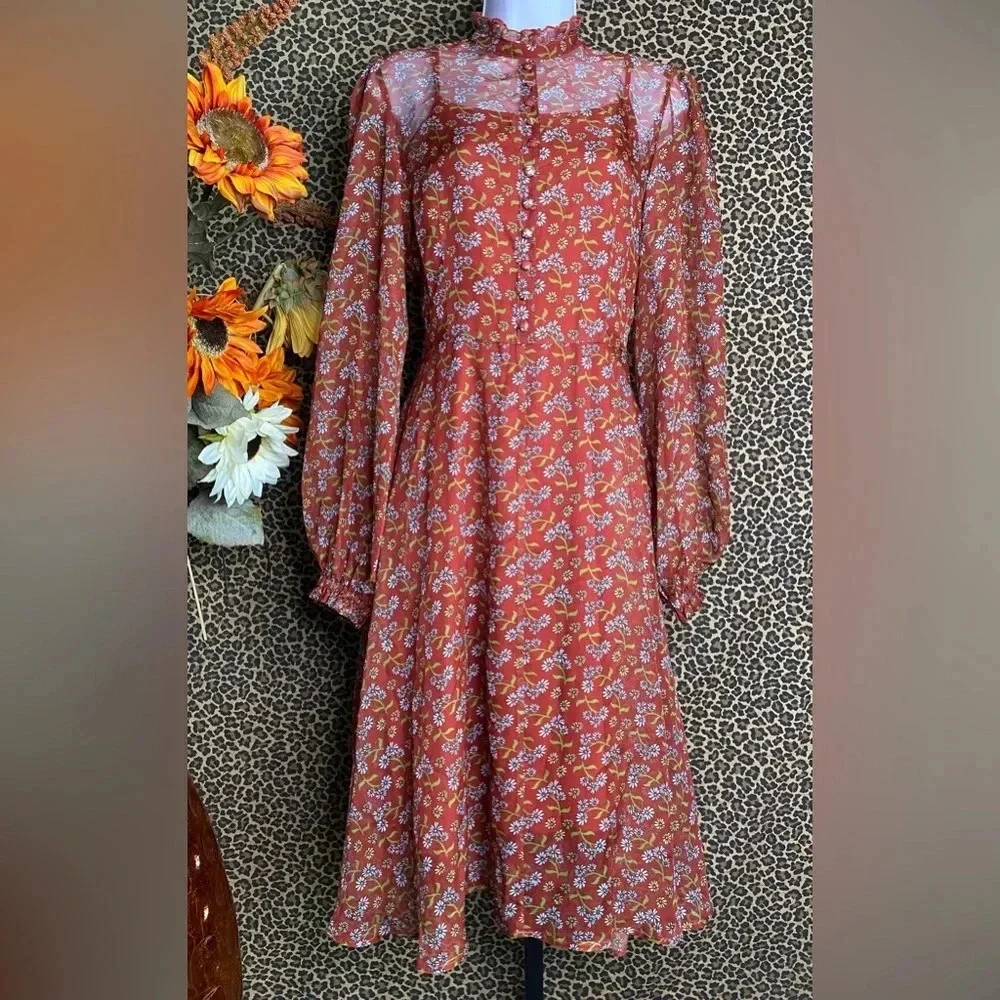 🦋B2G1🦋UNIQUE VINTAGE Rust Brown Leona Swing Dress NWOT | MEDIUM | - Picture 6 of 11